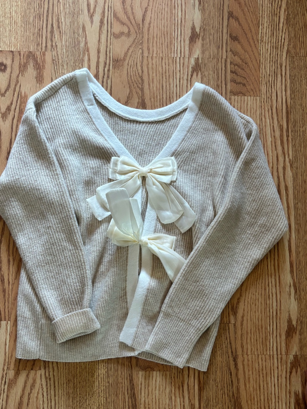 Cream Knit Sweater with Satin Bow Accents
